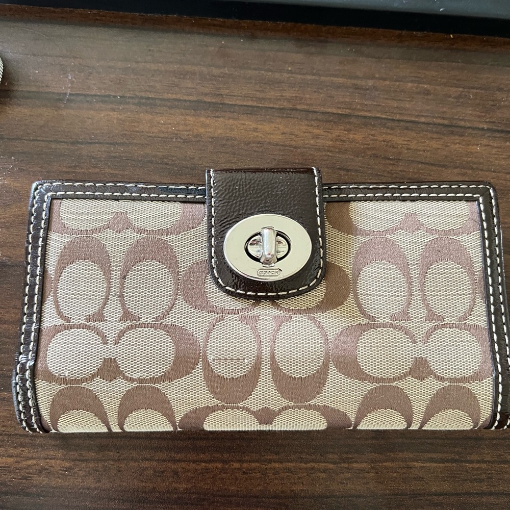 Coach Signature Canvas Wallet in Brown and Cream